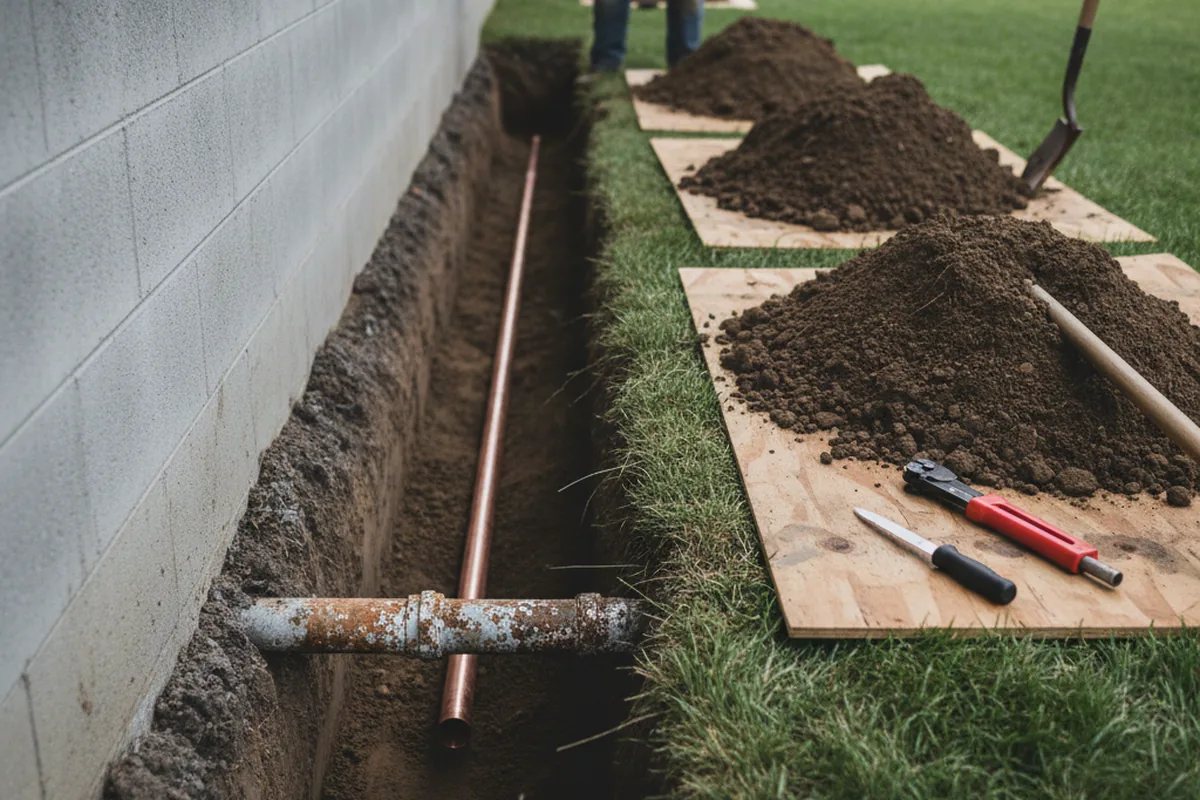 Excavated water line trench during Sewer Line Repair in Chittenango